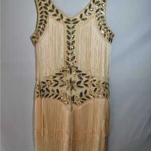 Fringed Beaded Cream Evening Dress